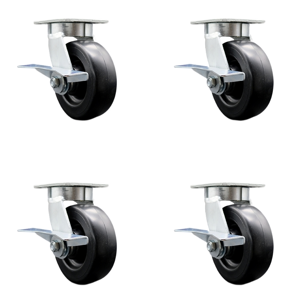 Kingpinless Polyolefin Swivel Top Plate Caster Set of 4 w/6" x 2" Black Wheels - Includes 4 Swivel w/Side Lck Brakes - 2800 lbs Total Capacity - Service Caster Brand — photo 1