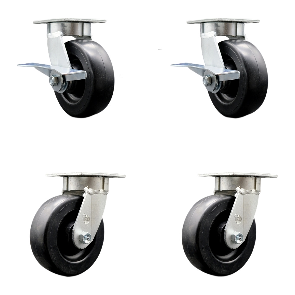 Kingpinless Polyolefin Swivel Top Plate Caster Set 4 w/6" x 2" Black Wheels-Includes 2 Swvl w/Brakes and Bolt on Swvl Lcks& 2 Swvl w/Bolt on Swvl Lcks-2800 lbs Total Cpty- Service Caster Brand — photo 1