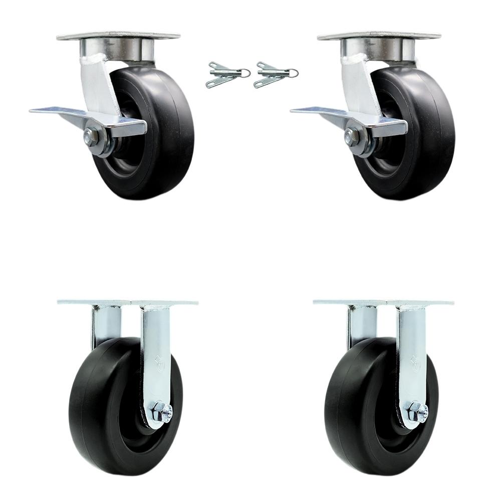 Kingpinless Polyolefin Swivel Top Plate Caster Set of 4 w/6" x 2" Black Wheels - Includes 2 Swivel with Brakes and Bolt on Swivel Locks & 2 Rigid-2800 lbs Total Capacity - Service Caster Brand — photo 1
