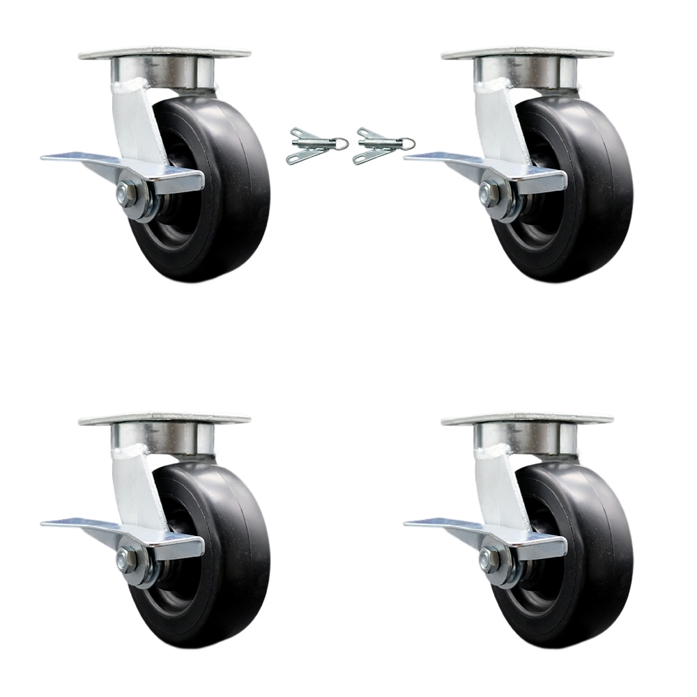Kingpinless Polyolefin Swivel Top Plate Caster Set 4 w/6" x 2" Black Wheels-Includes 2 Swivel with Brakes and Bolt on Swivel Locks&2 Swivel with Brakes-2800 lbs Total Cpty-Service Caster Brand — photo 1