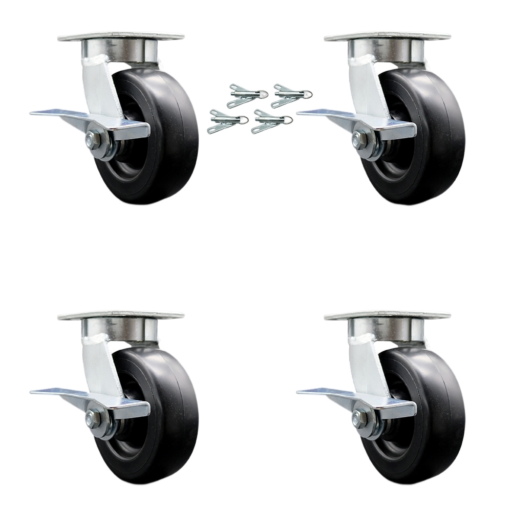 Kingpinless Polyolefin Swivel Top Plate Caster Set of 4 w/6" x 2" Black Wheels - Includes 4 Swivel w/Side Lck Brakes & Bolt on Swivel Locks - 2800 lbs Total Capacity - Service Caster Brand — photo 1
