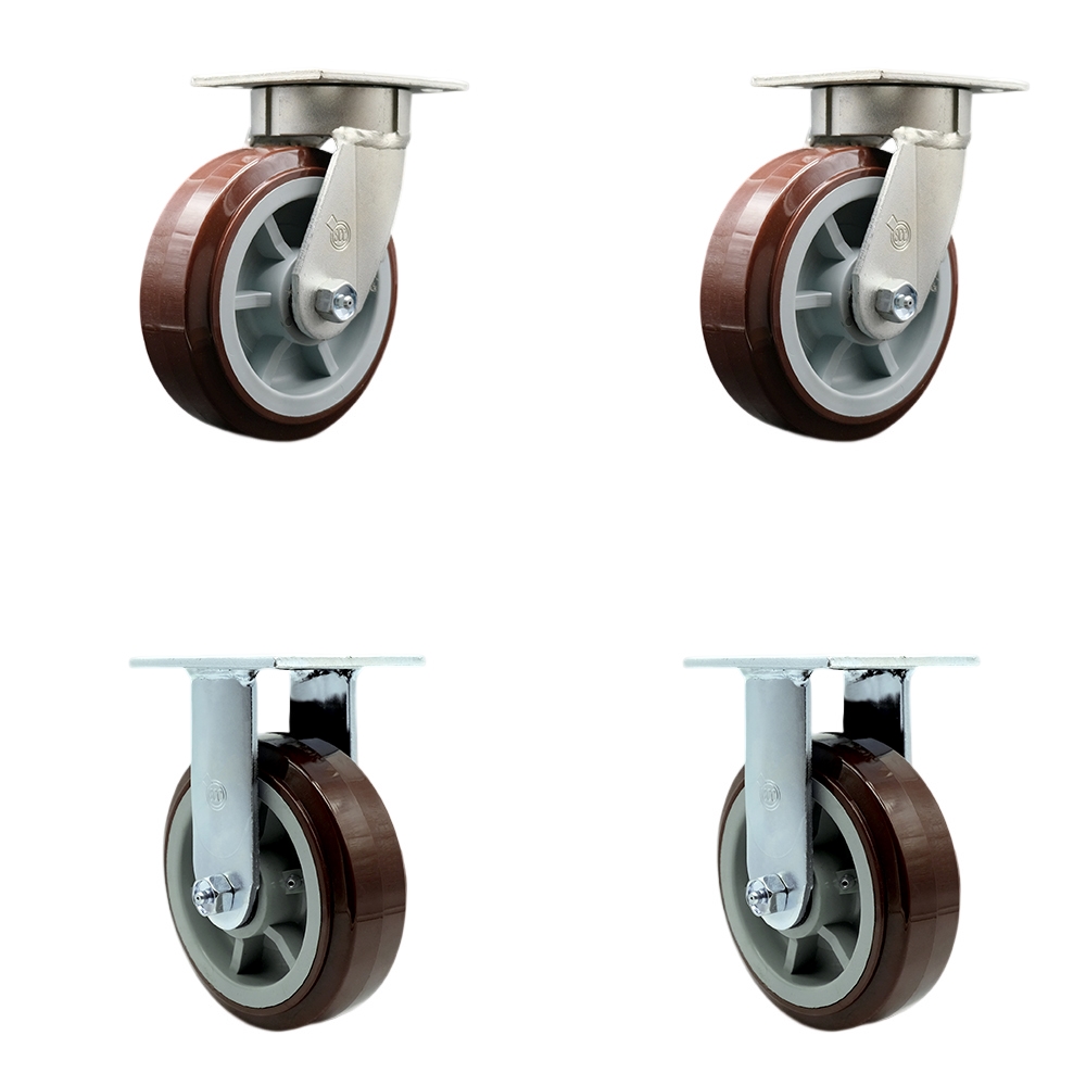 Kingpinless Polyurethane on Polyolefin Swivel Top Plate Caster Set of 4 w/6" x 2" Maroon Wheels - Includes 2 Swivel & 2 Rigid - 3600 lbs Total Capacity - Service Caster Brand — photo 1