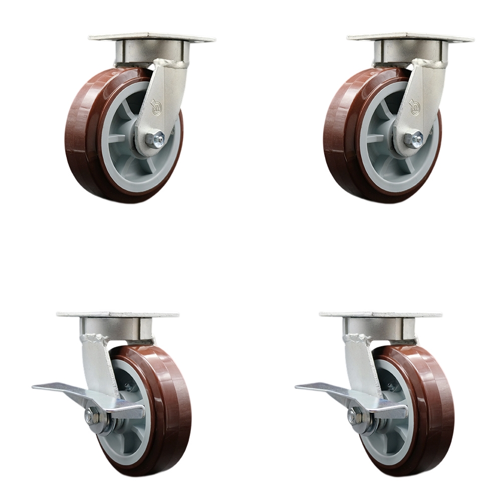 Heavy Duty Kingpinless Swivel Caster Set of 4 with 6 Inch Polyurethane Wheels and Ball Bearings - Includes 2 Swivel with Brakes and 2 Swivel - 3,600 lbs. Total Capacity - Service Caster Brand — photo 1