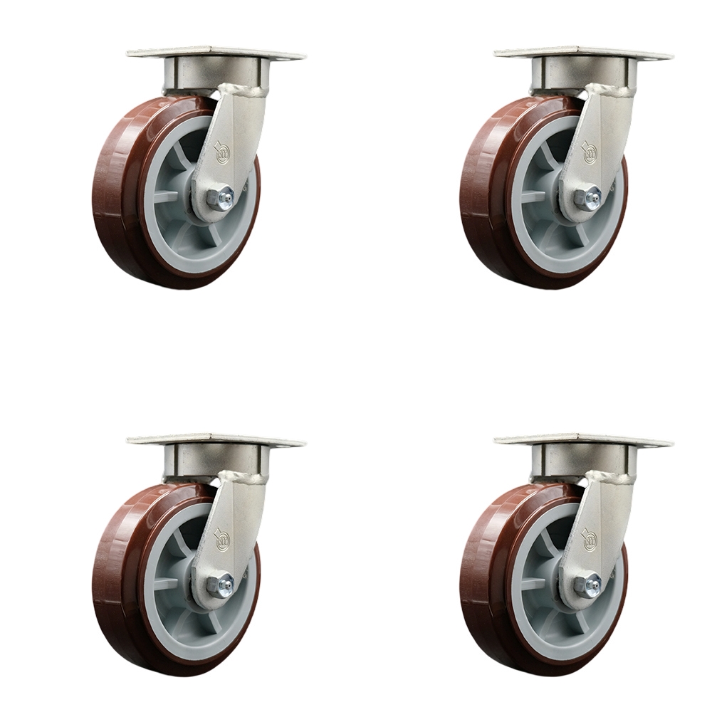 Kingpinless Polyurethane on Polyolefin Swivel Top Plate Caster Set of 4 w/6" x 2" Maroon Wheels - Includes 4 Swivel - 3600 lbs Total Capacity - Service Caster Brand — photo 1