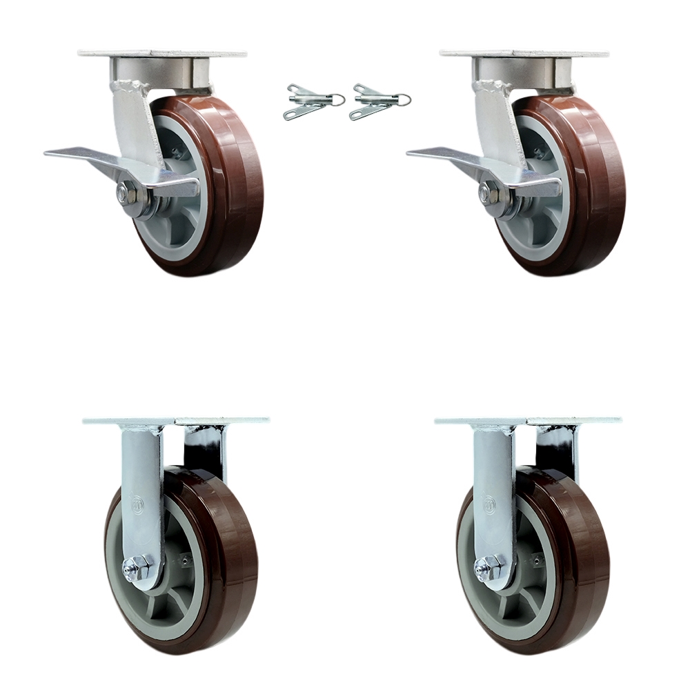 Kingpinless Polyurethane on Polyolefin Swivel Top Plate Caster Set of 4 w/6" x 2" Maroon Wheels - Includes 2 Swivel with Bolt on Swivel Locks & 2 Rigid - 3600 lbs Total Capacity - Service Caster Brand — photo 1