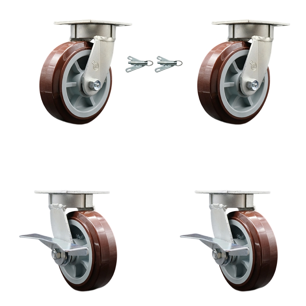 Kingpinless Polyurethane on Polyolefin Swivel Top Plate Caster Set of 4 w/6" x 2" Maroon Wheels-Includes 2 Swivel with Bolt on Swivel Locks&2 Swivel with Brakes-3600lbs Total Cpty-Service Caster Brand — photo 1