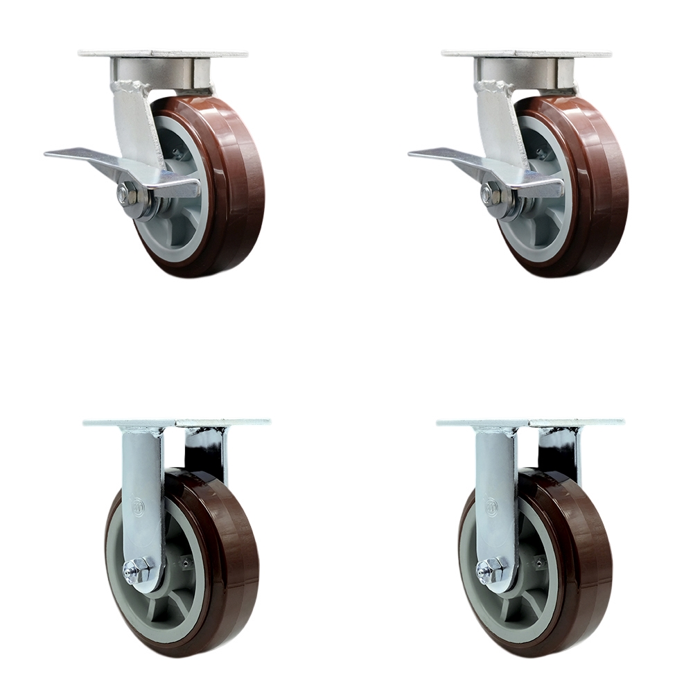 Kingpinless Polyurethane on Polyolefin Swivel Top Plate Caster Set of 4 w/6" x 2" Maroon Wheels - Includes 2 Swivel with Brakes & 2 Rigid - 3600 lbs Total Capacity - Service Caster Brand — photo 1