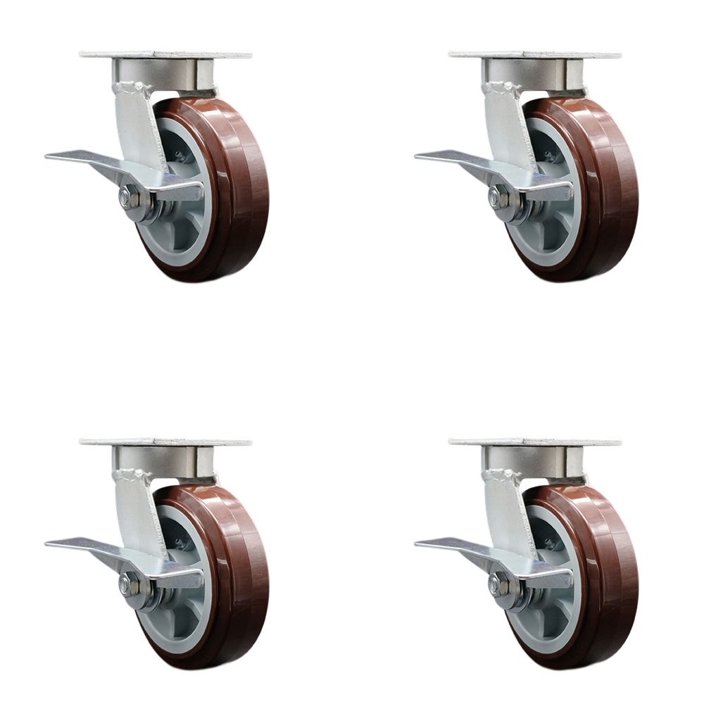 Kingpinless Polyurethane on Polyolefin Swivel Top Plate Caster Set of 4 w/6" x 2" Maroon Wheels - Includes 4 Swivel w/Side Lck Brakes - 3600 lbs Total Capacity - Service Caster Brand — photo 1