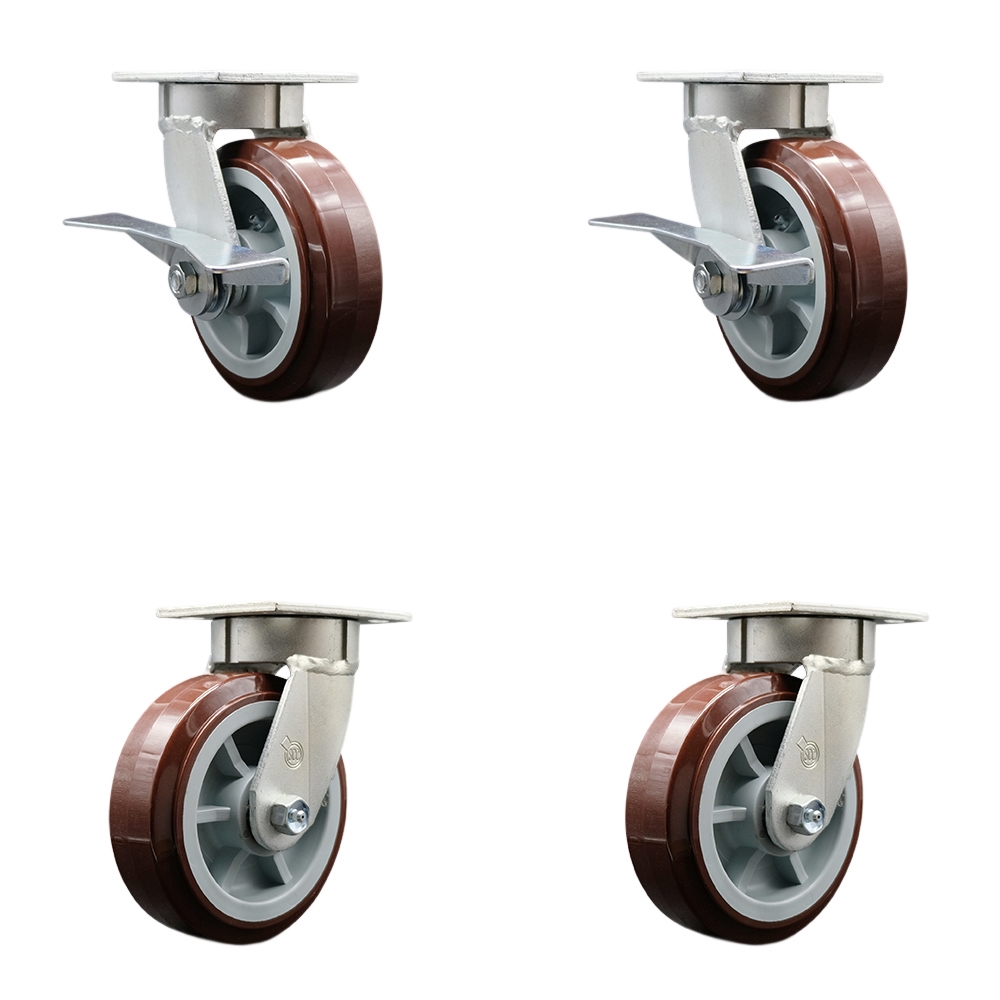 Kingpinless Poly on Polyolefin Swivel Top Plate Caster Set 4 w/6" x 2" Maroon Wheels-Includes 2 Swvl w/Brakes and Bolt on Swvl Lcks&2 Swvl w/Bolt on Swvl Lcks-3600lbs Total Cpty - Service Caster Brand — photo 1