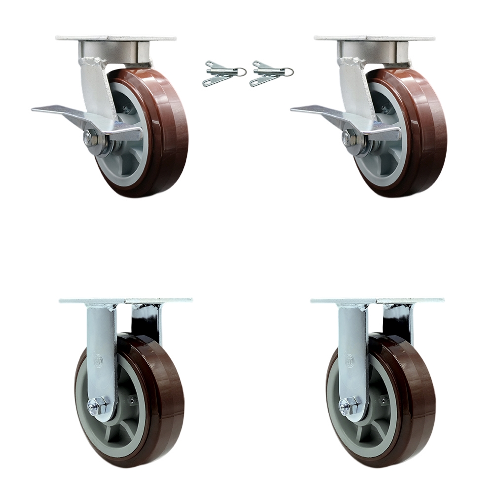 Heavy Duty Kingpinless Swivel Caster Set of 4 with 6 Inch Polyurethane Wheels and Ball Bearings - Includes 2 Swivel with Brakes and Bolt on Swivel Locks and 2 Rigid - Service Caster Brand — photo 1
