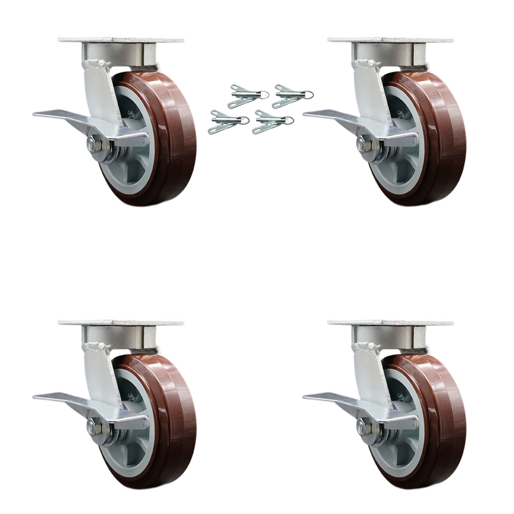 Kingpinless Polyurethane on Polyolefin Swivel Top Plate Caster Set of 4 w/6" x 2" Maroon Wheels - Includes 4 Swivel w/Side Lck Brakes & Bolt on Swivel Locks-3600lbs Total Capacity-Service Caster Brand — photo 1