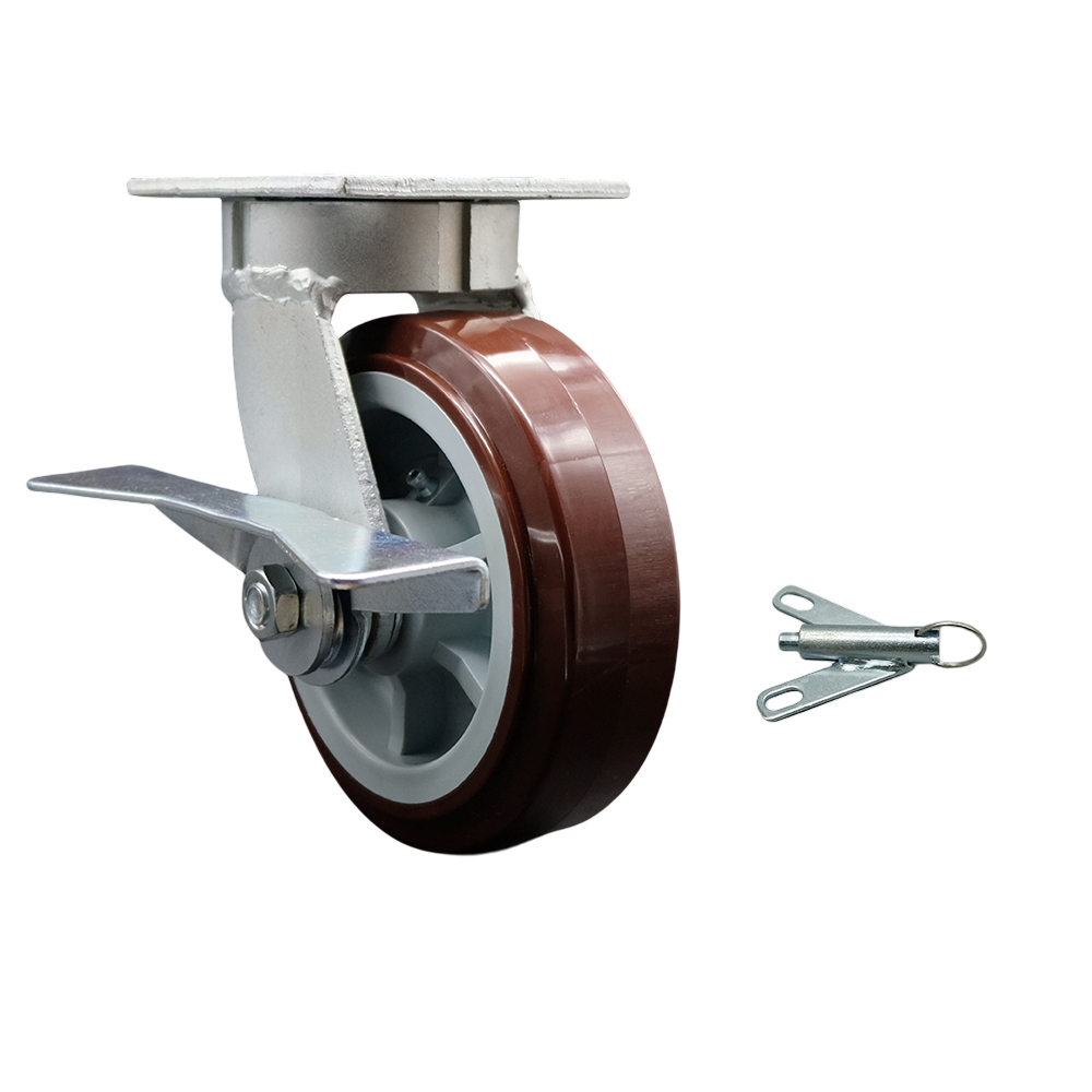 Heavy Duty Kingpinless Swivel Top Plate Caster with Side Lock Brake and Bolt on Swivel Lock and 6 Inch Polyurethane Wheel with Ball Bearings - 900 lbs. Capacity/Caster - Service Caster Brand — photo 1