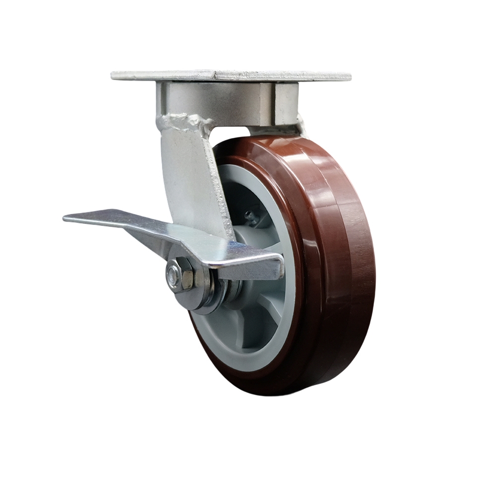 Kingpinless Polyurethane on Polyolefin Swivel Top Plate Caster w/6" x 2" Maroon Wheel & Side Lck Brake - 900 lbs Capacity/Caster - Service Caster Brand — photo 1