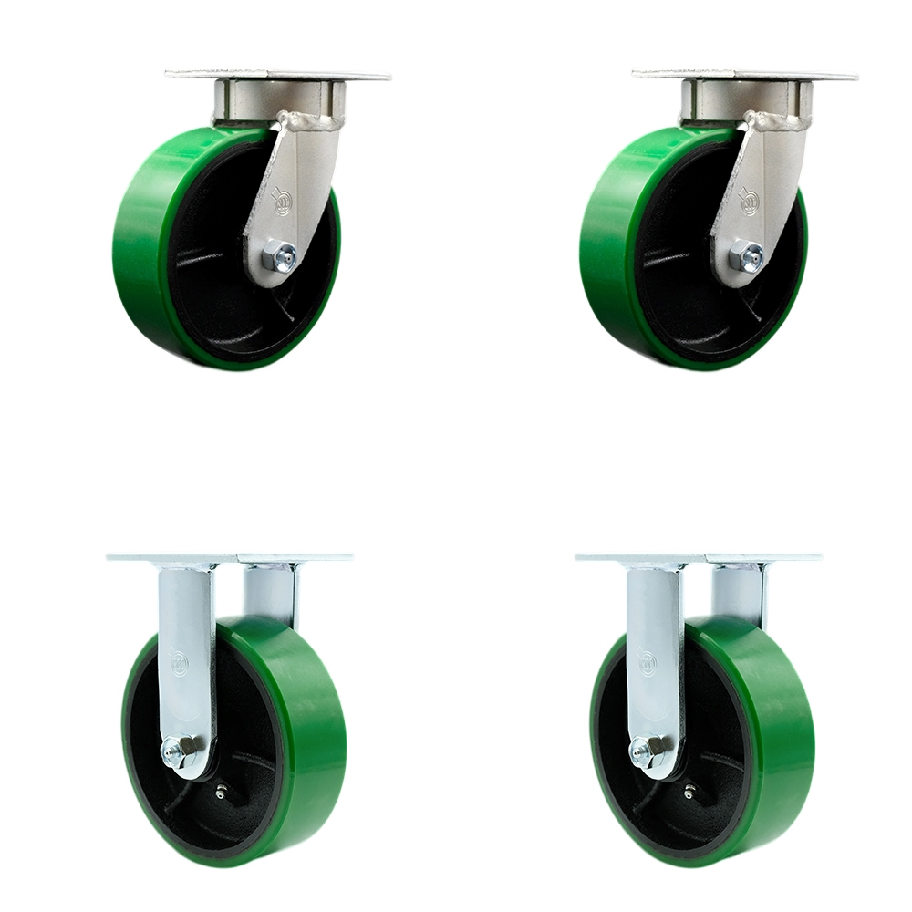 Kingpinless Polyurethane on Cast Iron Swivel Top Plate Caster Set of 4 w/6" x 2" Green Wheels - Includes 2 Swivel & 2 Rigid - 4800 lbs Total Capacity - Service Caster Brand — photo 1