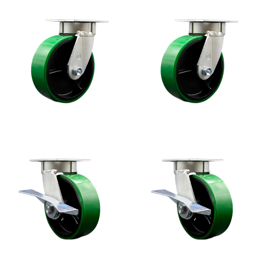 Kingpinless Polyurethane on Cast Iron Swivel Top Plate Caster Set of 4 w/6" x 2" Green Wheels - Includes 2 Swivel with Brakes & 2 Swivel - 4800 lbs Total Capacity - Service Caster Brand — photo 1