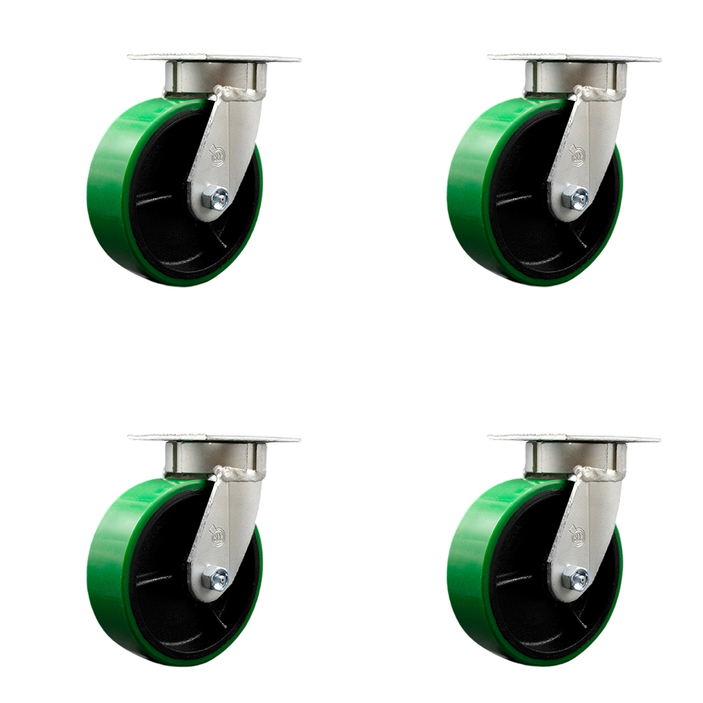 Heavy Duty Kingpinless Swivel Caster Set of 4 with 6 Inch Green Polyurethane on Cast Iron Wheels and Ball Bearings - Includes 4 Swivel - 4,800 lbs. Total Capacity - Service Caster Brand — photo 1