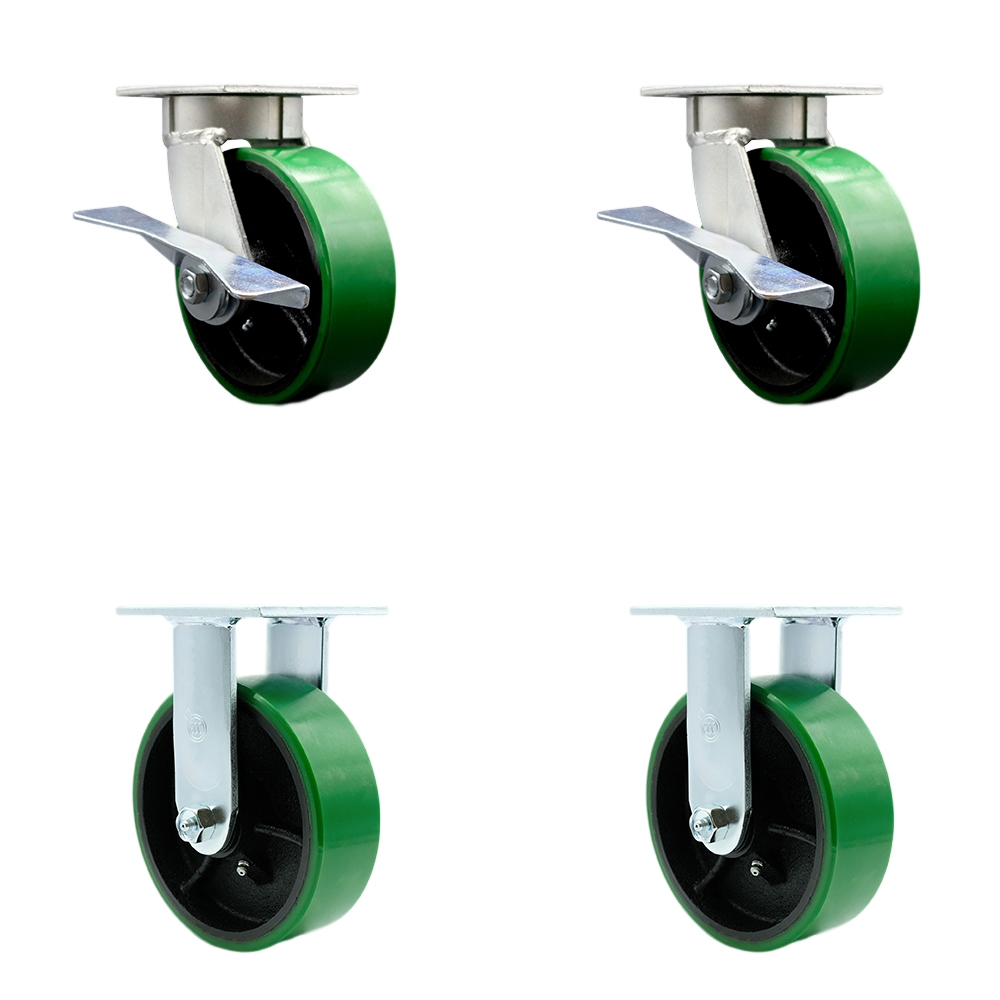 Kingpinless Polyurethane on Cast Iron Swivel Top Plate Caster Set of 4 w/6" x 2" Green Wheels - Includes 2 Swivel with Bolt on Swivel Locks & 2 Rigid - 4800 lbs Total Capacity - Service Caster Brand — photo 1