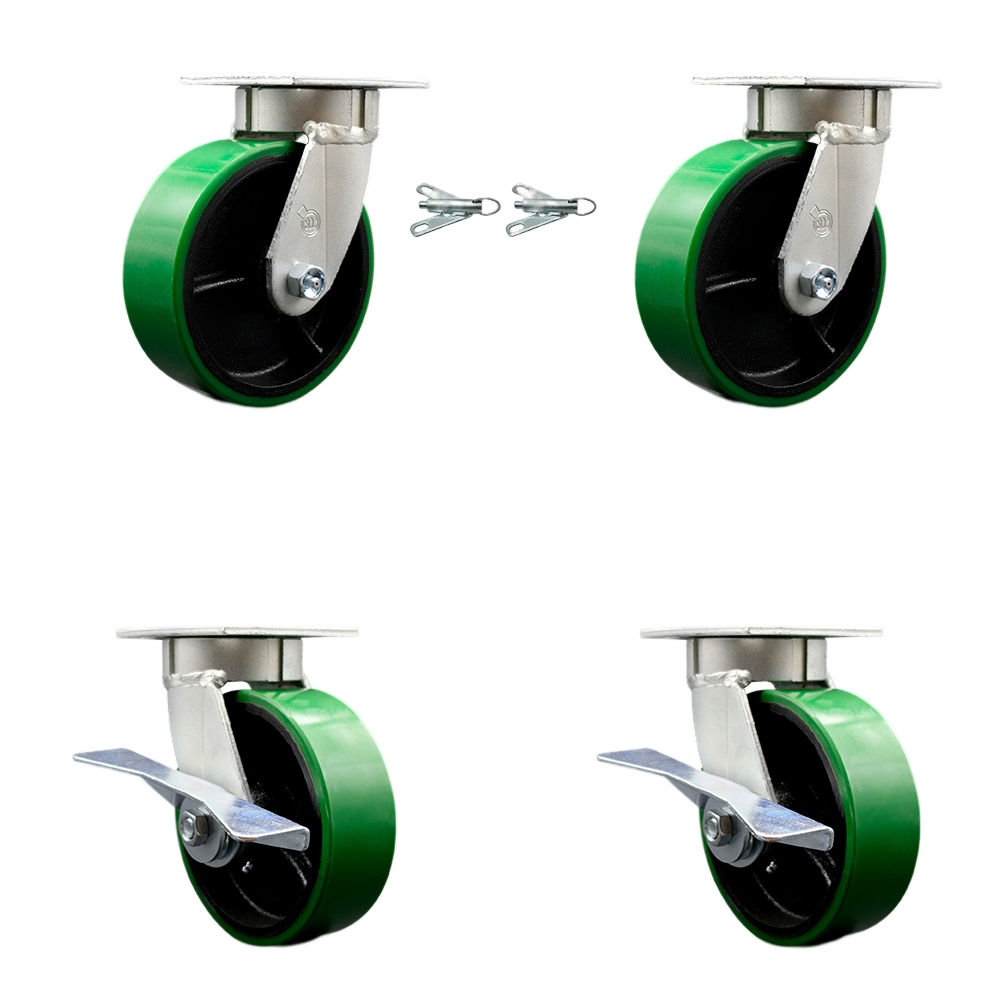 Kingpinless Polyurethane on Cast Iron Swivel Top Plate Caster Set of 4 w/6" x 2" Green Wheels-Includes 2 Swivel with Bolt on Swivel Locks&2 Swivel with Brakes-4800lbs Total Cpty - Service Caster Brand — photo 1