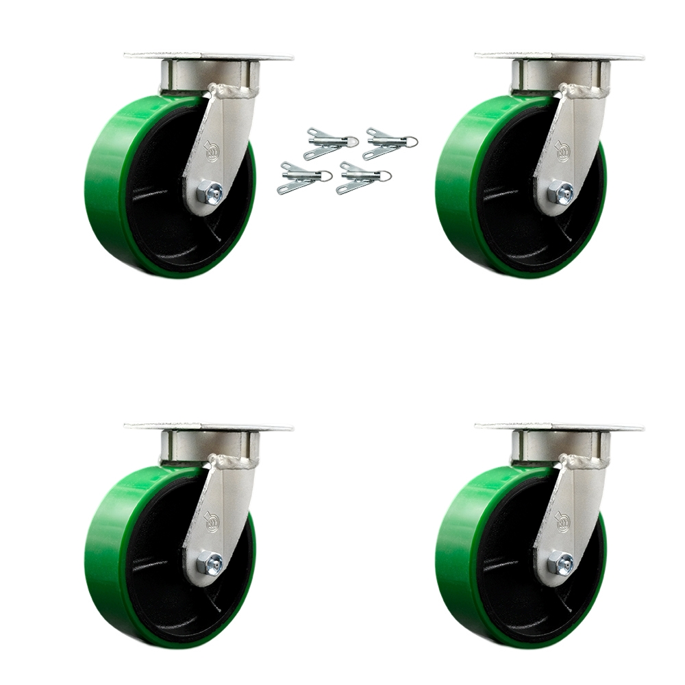 Kingpinless Polyurethane on Cast Iron Swivel Top Plate Caster Set of 4 w/6" x 2" Green Wheels - Includes 4 Swivel w/Bolt on Swivel Locks - 4800 lbs Total Capacity - Service Caster Brand — photo 1