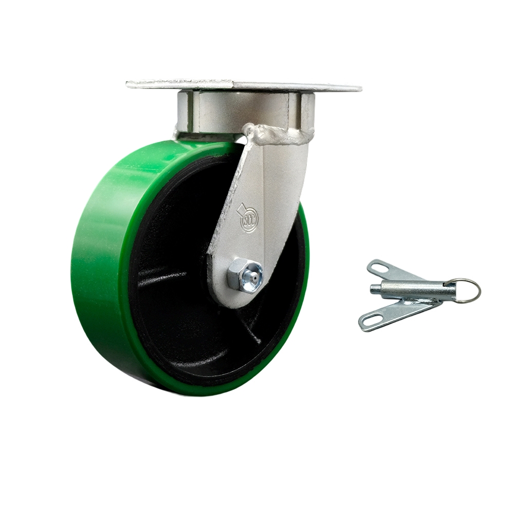 Kingpinless Polyurethane on Cast Iron Swivel Top Plate Caster w/6" x 2" Green Wheel & Bolt on Swivel Lock - 1200 lbs Capacity/Caster - Service Caster Brand — photo 1