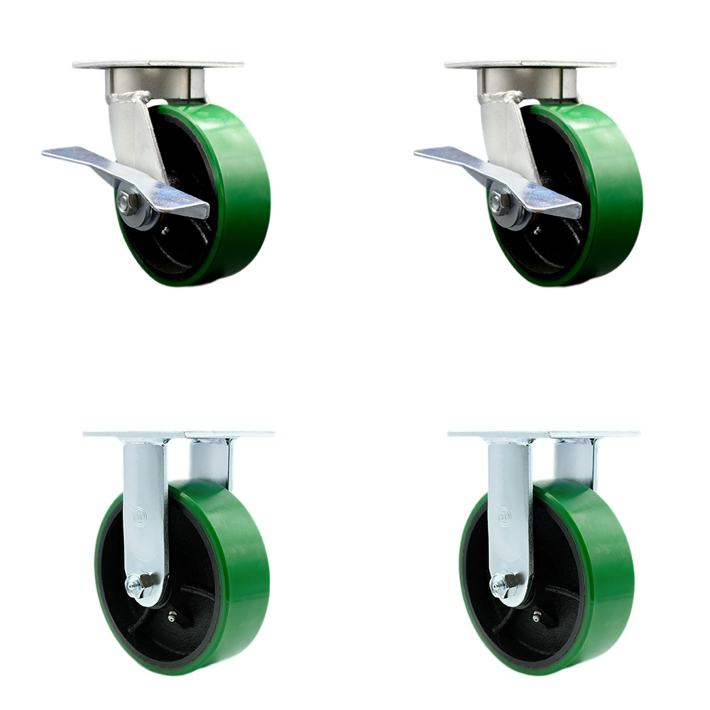 Kingpinless Polyurethane on Cast Iron Swivel Top Plate Caster Set of 4 w/6" x 2" Green Wheels - Includes 2 Swivel with Brakes & 2 Rigid - 4800 lbs Total Capacity - Service Caster Brand — photo 1
