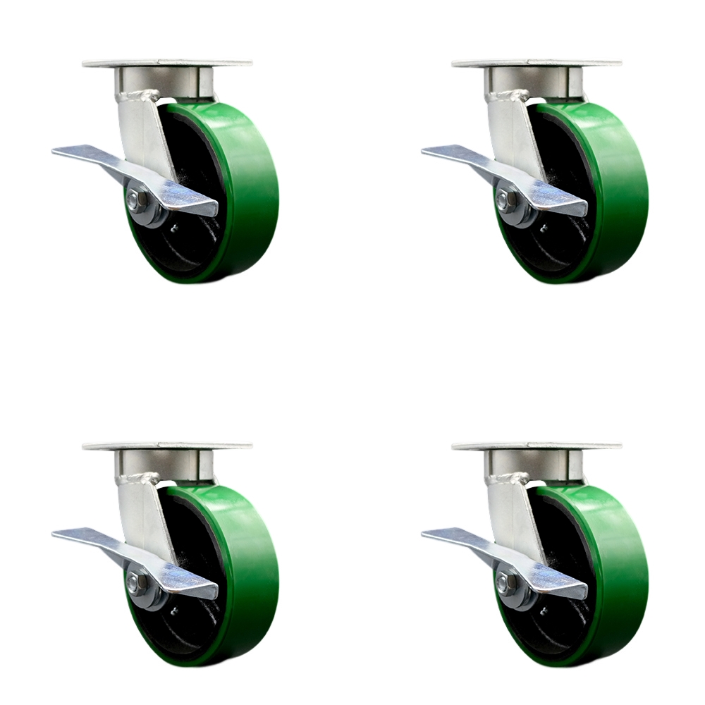Heavy Duty Kingpinless Swivel Caster Set of 4 with 6 Inch Green Poly on Cast Iron Wheels and Ball Bearings - Includes 4 Swivel with Side Lock Brakes - 4,800 lbs. Total Capacity - Service Caster Brand — photo 1