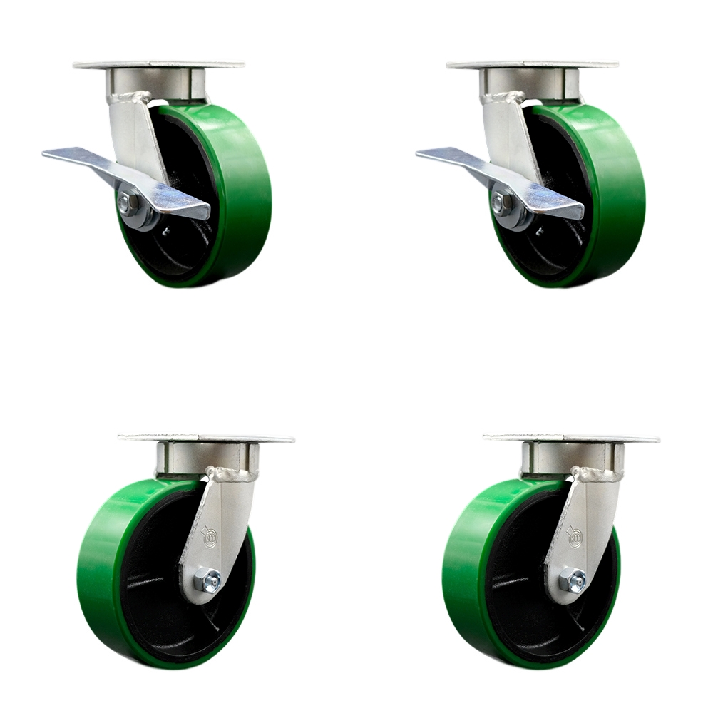 Heavy Duty Kingpinless Swivel Caster Set with 6 Inch Green Poly on Cast Iron Wheels and Ball Bearings-Include 2 Swivel with Brake&Bolt on Swivel Lock and 2 Swivel with Swivel Lock-Service Caster Brand — photo 1