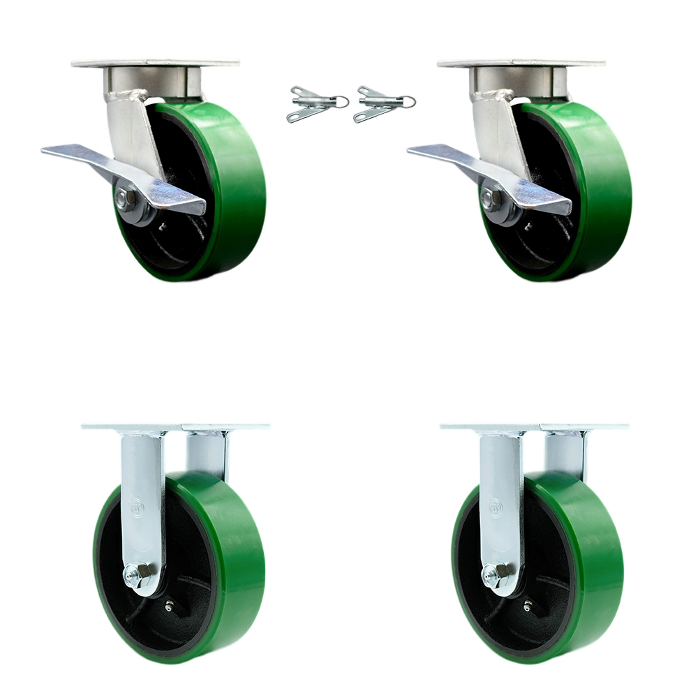 Kingpinless Polyurethane on Cast Iron Swivel Top Plate Caster Set of 4 w/6" x 2" Green Wheels - Includes 2 Swivel with Brakes and Bolt on Swivel Locks&2 Rigid-4800lbs Total Cpty - Service Caster Brand — photo 1