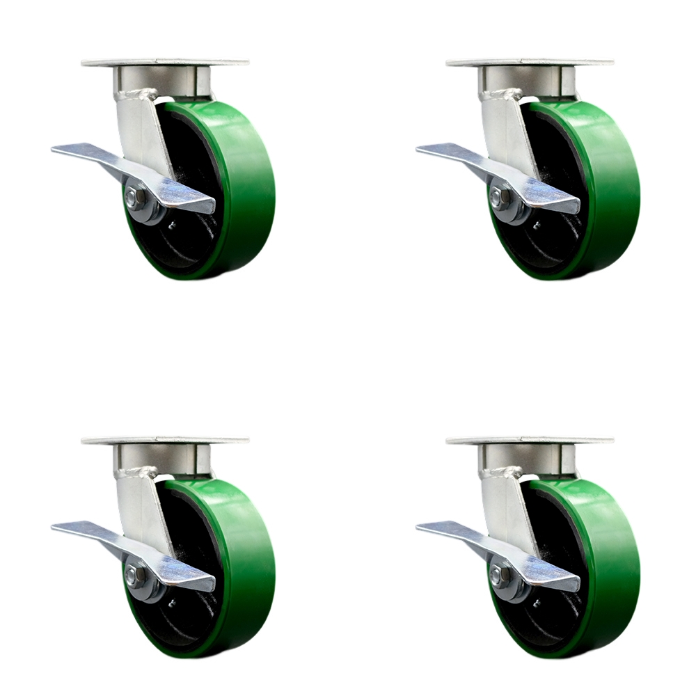 Kingpinless Polyurethane on Cast Iron Swivel Top Plate Caster Set of 4 w/6" x 2" Green Wheels - Includes 4 Swivel w/Side Lck Brakes & Bolt on Swivel Locks-4800lbs Total Capacity - Service Caster Brand — photo 1