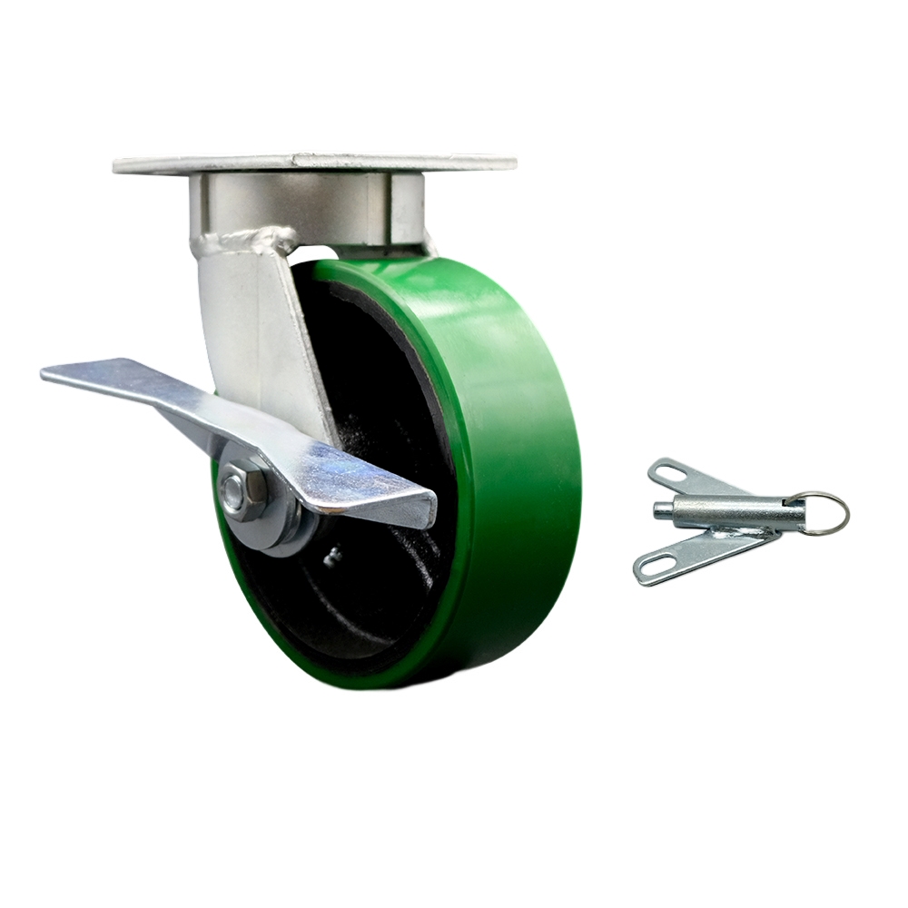 Kingpinless Polyurethane on Cast Iron Swivel Top Plate Caster w/6" x 2" Green Wheel & Side Lck Brake and Bolt on Swivel Lock - 1200 lbs Capacity/Caster - Service Caster Brand — photo 1