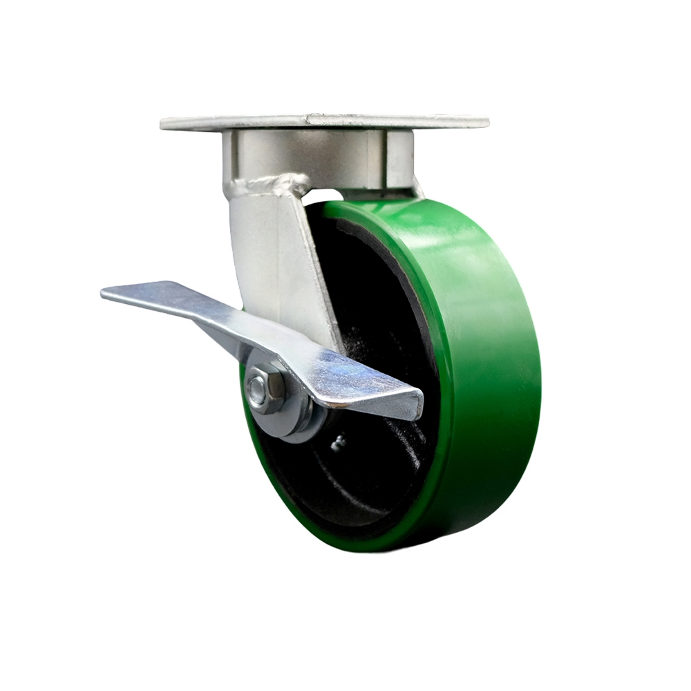 Kingpinless Polyurethane on Cast Iron Swivel Top Plate Caster w/6" x 2" Green Wheel & Side Lck Brake - 1200 lbs Capacity/Caster - Service Caster Brand — photo 1