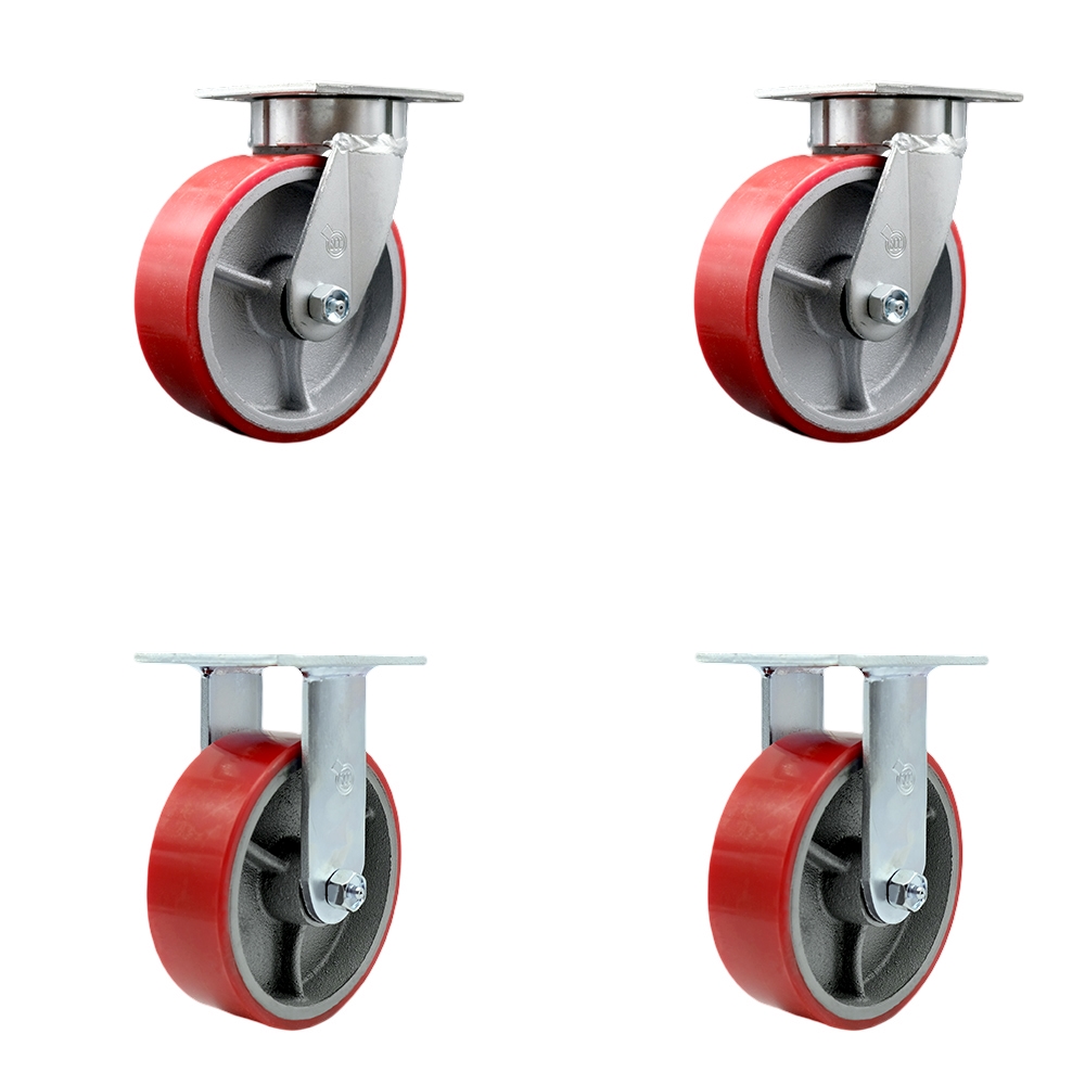 Kingpinless Polyurethane on Cast Iron Swivel Top Plate Caster Set of 4 w/6" x 2" Red Wheels - Includes 2 Swivel & 2 Rigid - 4800 lbs Total Capacity - Service Caster Brand — photo 1