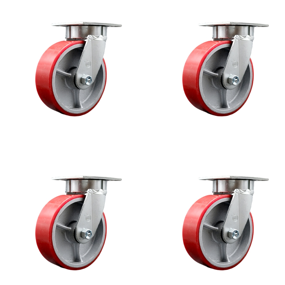 Kingpinless Polyurethane on Cast Iron Swivel Top Plate Caster Set of 4 w/6" x 2" Red Wheels - Includes 4 Swivel - 4800 lbs Total Capacity - Service Caster Brand — photo 1
