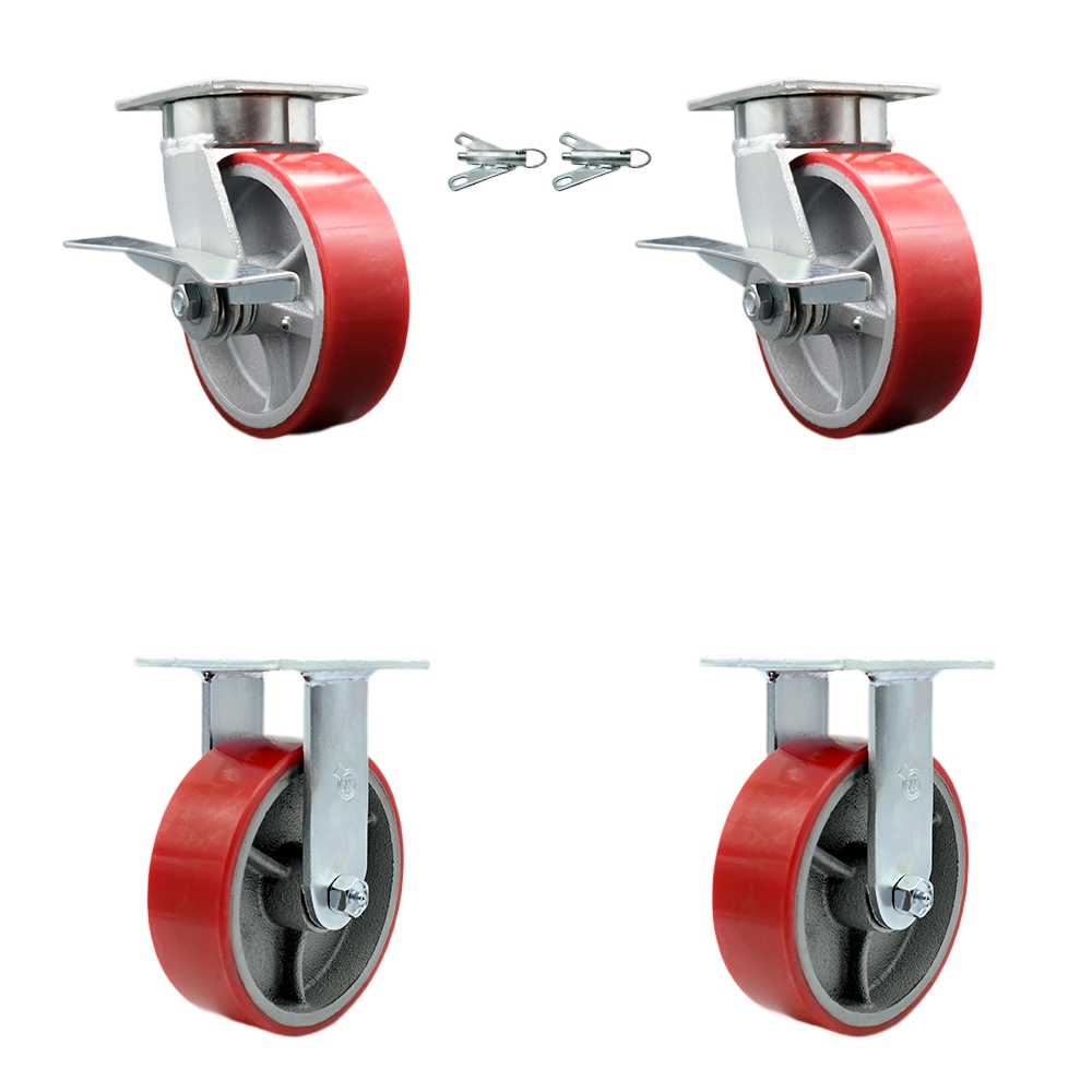 Kingpinless Polyurethane on Cast Iron Swivel Top Plate Caster Set of 4 w/6" x 2" Red Wheels - Includes 2 Swivel with Bolt on Swivel Locks & 2 Rigid - 4800 lbs Total Capacity - Service Caster Brand — photo 1