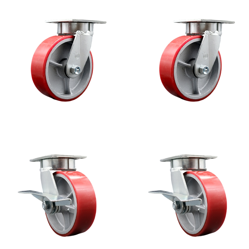 Kingpinless Polyurethane on Cast Iron Swivel Top Plate Caster Set of 4 w/6" x 2" Red Wheels-Includes 2 Swivel with Bolt on Swivel Locks& 2 Swivel with Brakes-4800 lbs Total Cpty - Service Caster Brand — photo 1