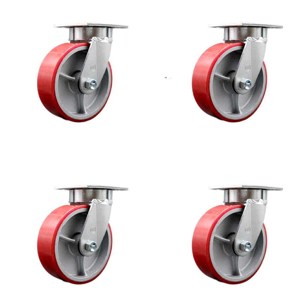Kingpinless Polyurethane on Cast Iron Swivel Top Plate Caster Set of 4 w/6" x 2" Red Wheels - Includes 4 Swivel w/Bolt on Swivel Locks - 4800 lbs Total Capacity - Service Caster Brand — photo 1