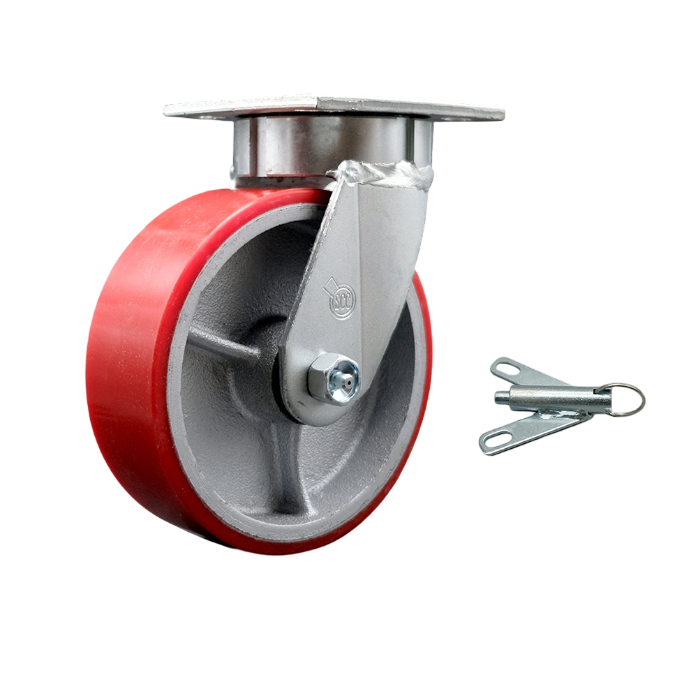 Kingpinless Polyurethane on Cast Iron Swivel Top Plate Caster w/6" x 2" Red Wheel & Bolt on Swivel Lock - 1200 lbs Capacity/Caster - Service Caster Brand — photo 1