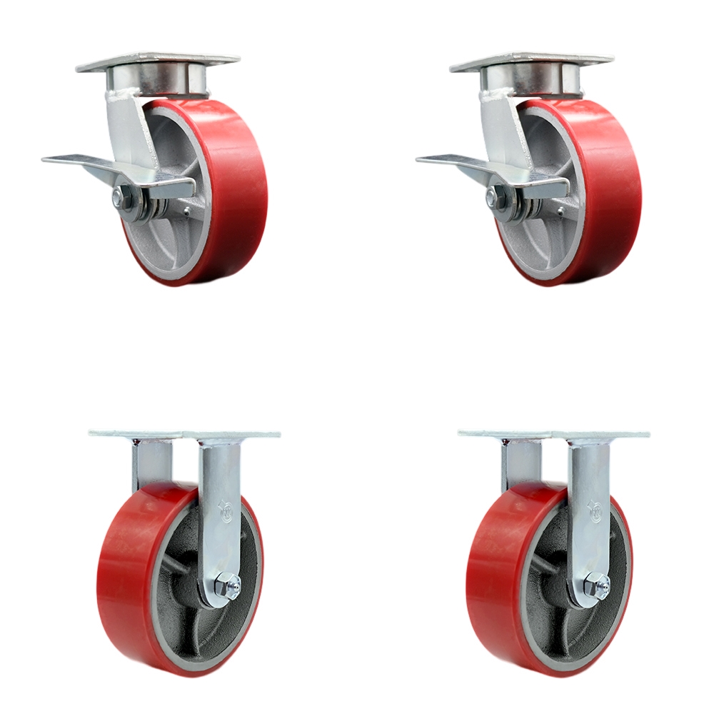 Kingpinless Polyurethane on Cast Iron Swivel Top Plate Caster Set of 4 w/6" x 2" Red Wheels - Includes 2 Swivel with Brakes & 2 Rigid - 4800 lbs Total Capacity - Service Caster Brand — photo 1