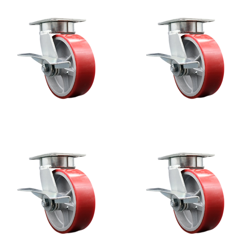 Kingpinless Polyurethane on Cast Iron Swivel Top Plate Caster Set of 4 w/6" x 2" Red Wheels - Includes 4 Swivel w/Side Lck Brakes - 4800 lbs Total Capacity - Service Caster Brand — photo 1