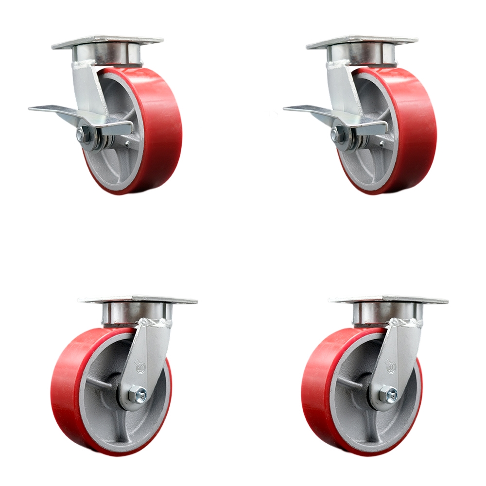 Heavy Duty Kingpinless Swivel Caster Set with 6 Inch Red Poly on Cast Iron Wheels and Ball Bearings-Include 2 Swivel with Brake&Bolt on Swivel Lock and 2 Swivel with Swivel Lock - Service Caster Brand — photo 1