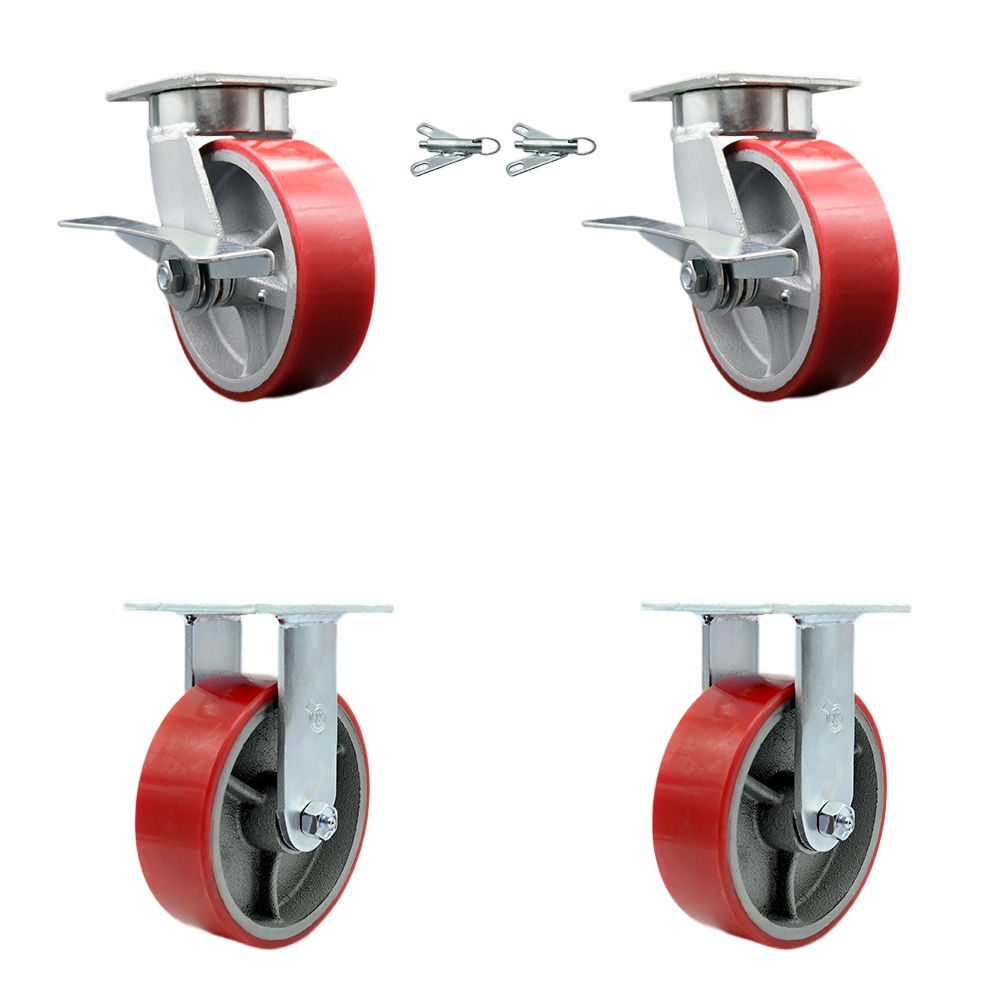 Kingpinless Polyurethane on Cast Iron Swivel Top Plate Caster Set of 4 w/6" x 2" Red Wheels- Includes 2 Swivel with Brakes and Bolt on Swivel Locks&2 Rigid-4800 lbs Total Capacity-Service Caster Brand — photo 1