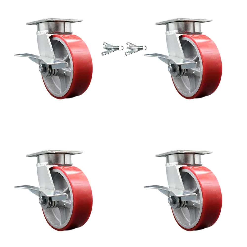 Kingpinless Poly on Cast Iron Swivel Top Plate Caster Set 4 w/6" x 2" Red Wheels-Includes 2 Swivel with Brakes and Bolt on Swivel Locks&2 Swivel with Brakes-4800 lbs Total Cpty - Service Caster Brand — photo 1