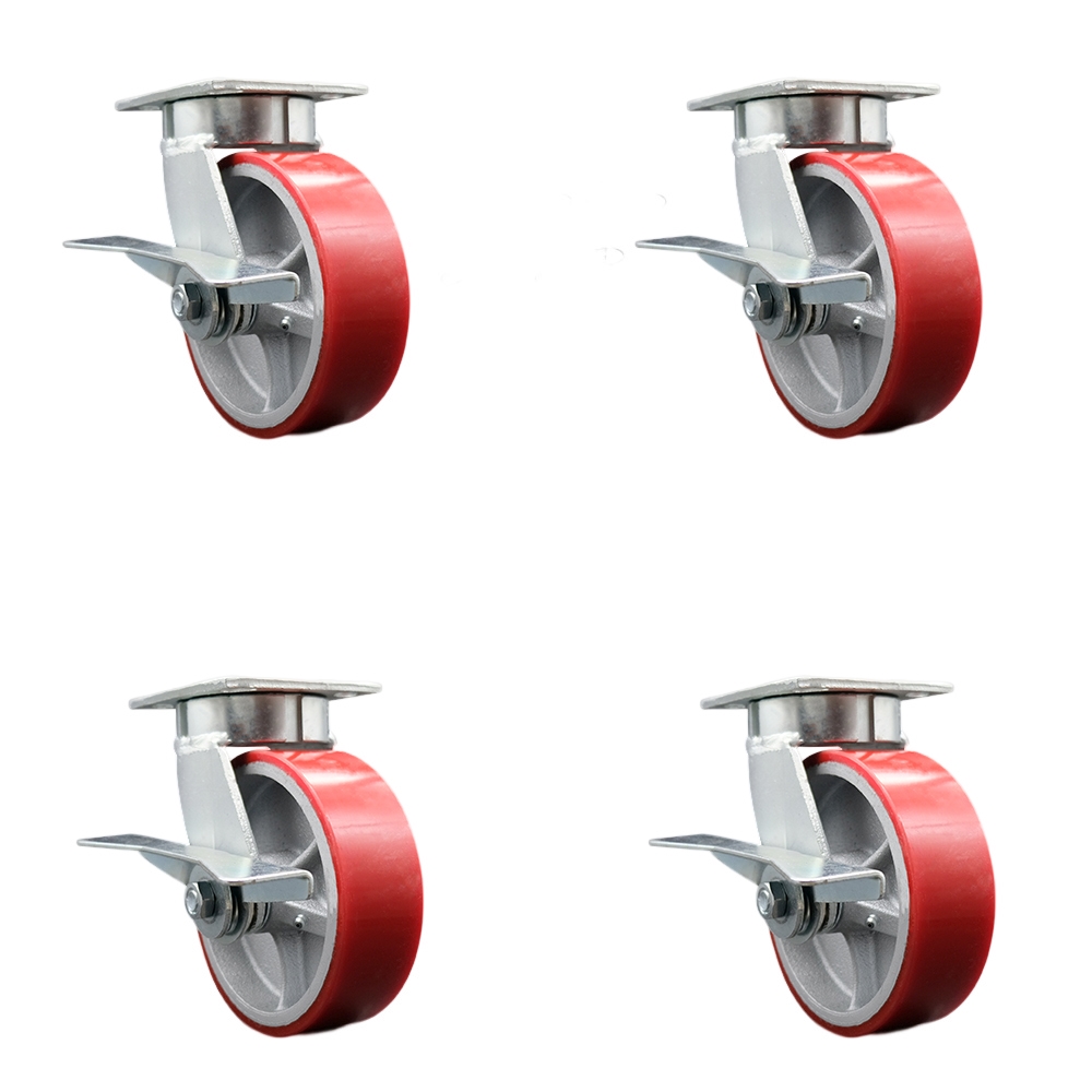 Kingpinless Polyurethane on Cast Iron Swivel Top Plate Caster Set of 4 w/6" x 2" Red Wheels - Includes 4 Swivel w/Side Lck Brakes & Bolt on Swivel Locks - 4800lbs Total Capacity - Service Caster Brand — photo 1