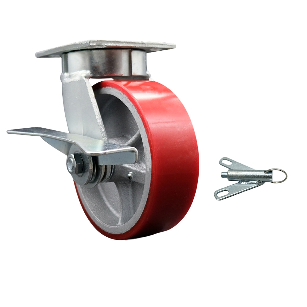 Heavy Duty Kingpinless Swivel Top Plate Caster with Side Lock Brake and Bolt on Swivel Lock and 6 Inch Red Poly on Cast Iron Wheel with Ball Bearings- 1,200 lbs. Capacity/Caster - Service Caster Brand — photo 1