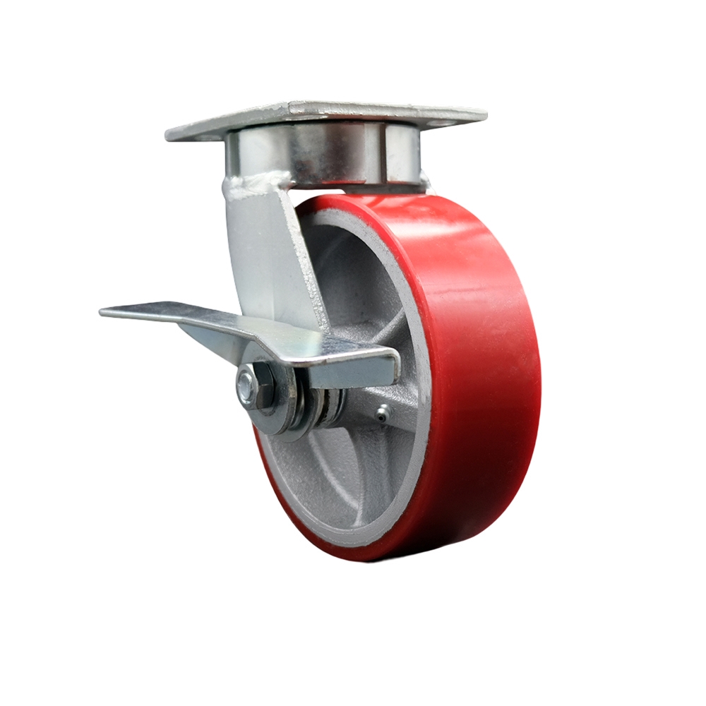 Heavy Duty Kingpinless Swivel Top Plate Caster with Side Lock Brake and 6 Inch Red Polyurethane on Cast Iron Wheel with Ball Bearings - 1,200 lbs. Capacity/Caster - Service Caster Brand — photo 1