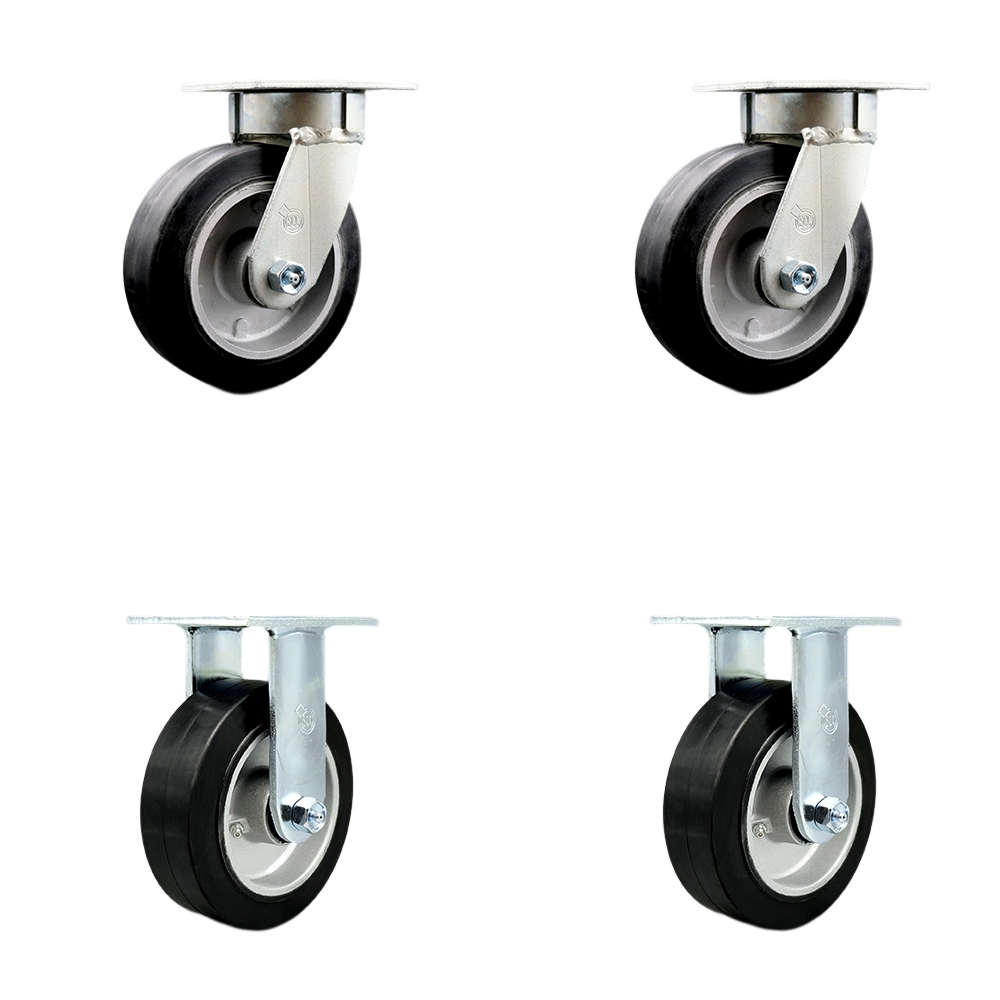 Kingpinless Rubber on Aluminum Swivel Top Plate Caster Set of 4 w/6" x 2" Black Wheels - Includes 2 Swivel & 2 Rigid - 2200 lbs Total Capacity - Service Caster Brand — photo 1