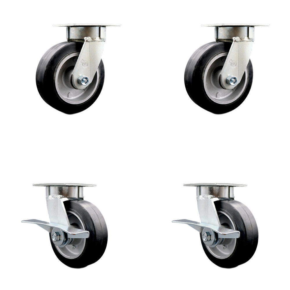 Heavy Duty Kingpinless Swivel Caster Set of 4 with 6 Inch Rubber on Aluminum Wheels and Ball Bearings -Includes 2 Swivel with Brakes and 2 Swivel - 2,200 lbs. Total Capacity - Service Caster Brand — photo 1