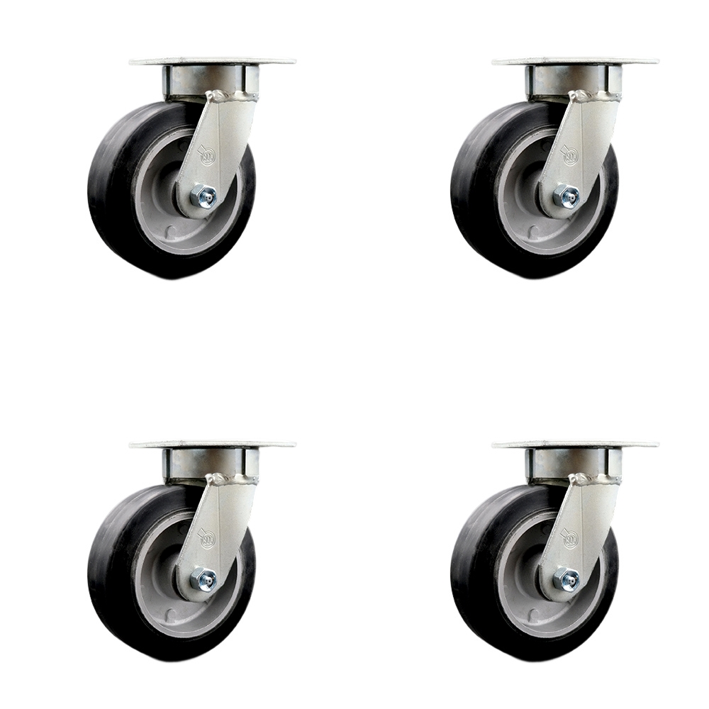 Kingpinless Rubber on Aluminum Swivel Top Plate Caster Set of 4 w/6" x 2" Black Wheels - Includes 4 Swivel - 2200 lbs Total Capacity - Service Caster Brand — photo 1
