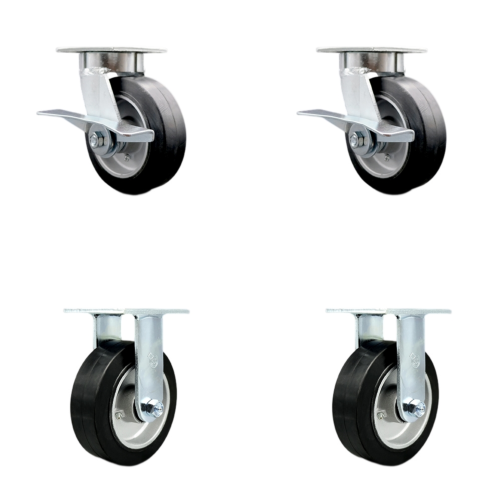 Heavy Duty Kingpinless Swivel Caster Set of 4 with 6 Inch Rubber on Aluminum Wheels and Ball Bearings - Includes 2 Swivel with Brakes and 2 Rigid - 2,200 lbs. Total Capacity - Service Caster Brand — photo 1