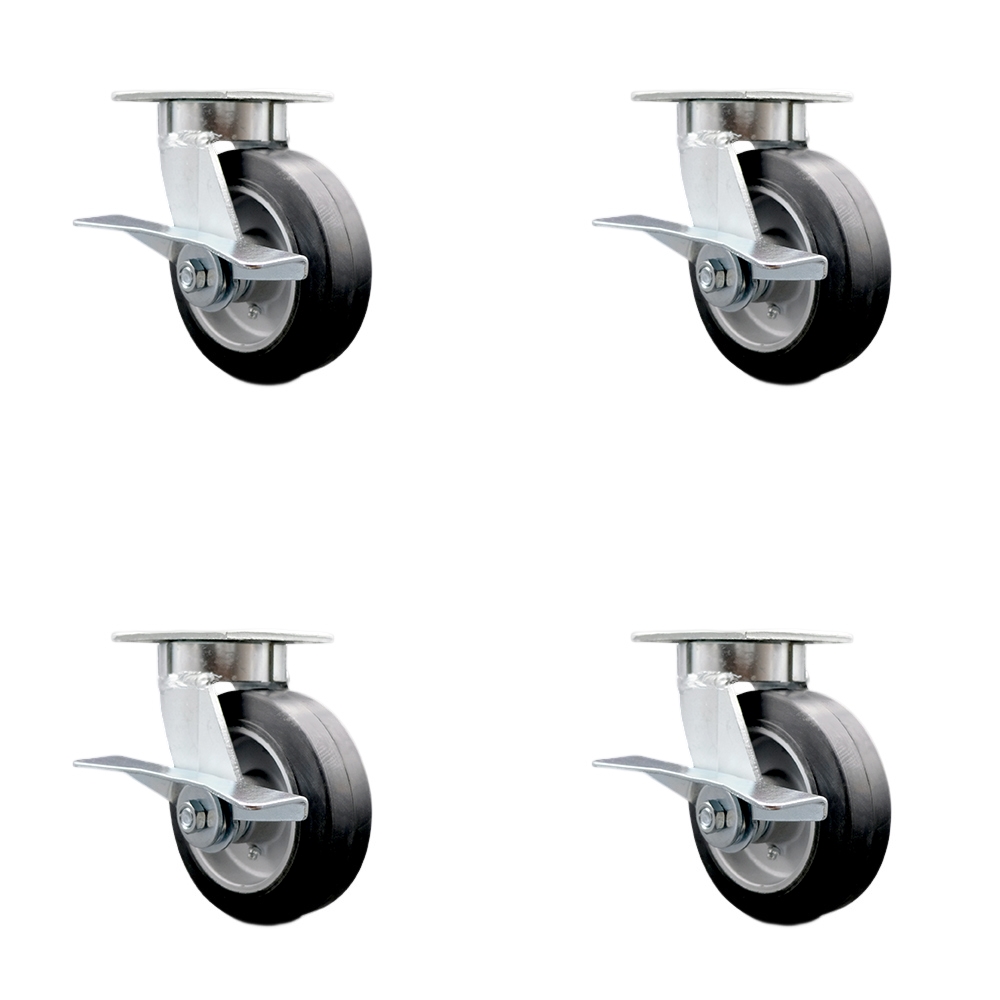 Heavy Duty Kingpinless Swivel Caster Set of 4 with 6 Inch Rubber on Aluminum Wheels and Ball Bearings - Includes 4 Swivel with Side Lock Brakes - 2,200 lbs. Total Capacity - Service Caster Brand — photo 1